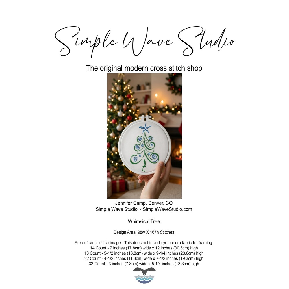 Whimsical Christmas Tree Modern Cross Stitch Pattern Green Blue Star